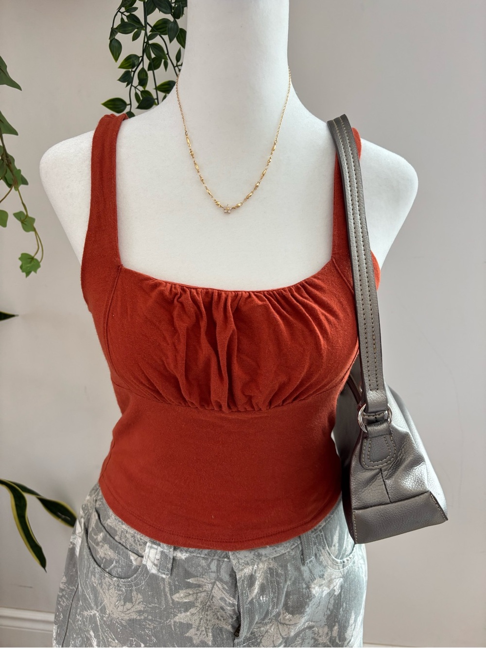 Rust Red orange Ruched Square Neck Tank Top - Picture 3 of 5
